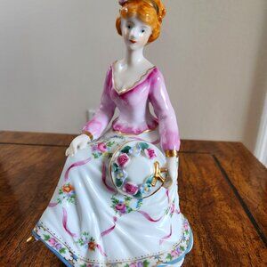 Sitting Southern Belle Ceramic Figurine Pink and White with Gold Accents
